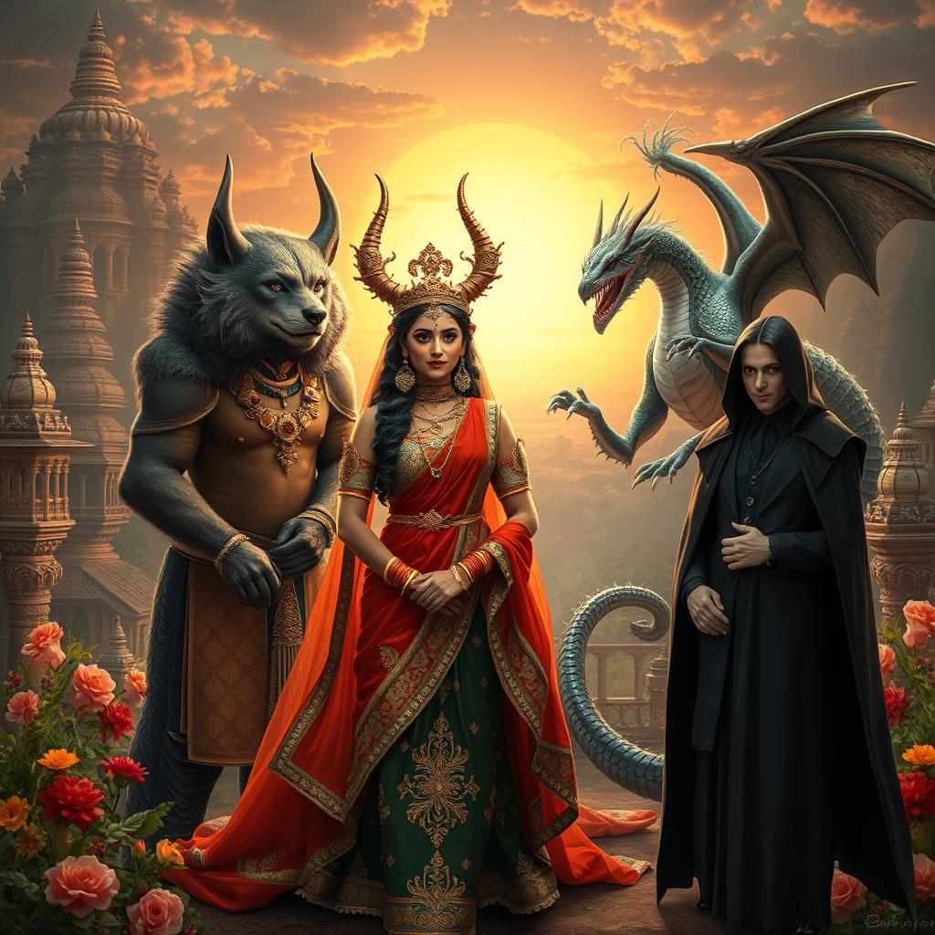 A mesmerizing scene featuring a Demon Princess surrounded by her four distinct husbands, each embodying a unique mythical creature