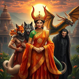 A stunning scene depicting a Demon Princess surrounded by her five husbands, each embodying a distinctive mythical creature