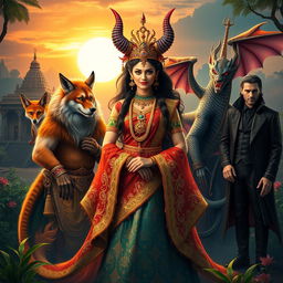 A stunning scene depicting a Demon Princess surrounded by her five husbands, each embodying a distinctive mythical creature