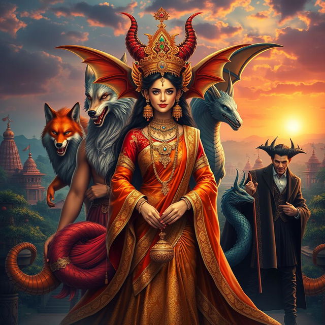 A stunning scene depicting a Demon Princess surrounded by her five husbands, each embodying a distinctive mythical creature