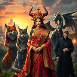 A stunning scene depicting a Demon Princess surrounded by her five husbands, each embodying a distinctive mythical creature