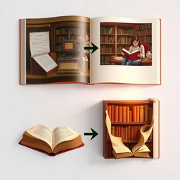 A creative representation of the lifecycle of a book, showcasing each stage from its creation as a manuscript, transitioning to printing and binding in a cozy, vintage printing press setting