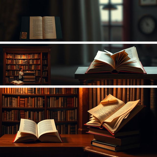 A creative representation of the lifecycle of a book, showcasing each stage from its creation as a manuscript, transitioning to printing and binding in a cozy, vintage printing press setting