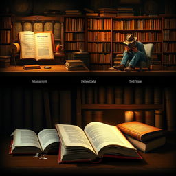 A creative representation of the lifecycle of a book, showcasing each stage from its creation as a manuscript, transitioning to printing and binding in a cozy, vintage printing press setting