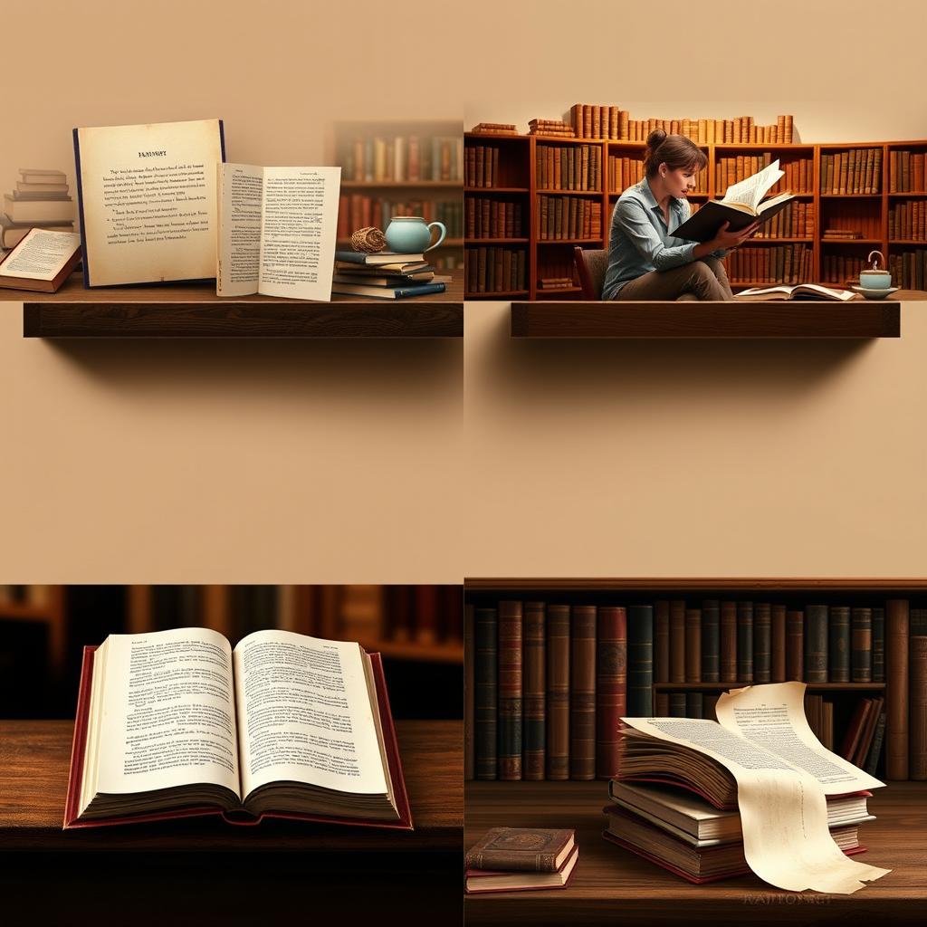 A creative representation of the lifecycle of a book, showcasing each stage from its creation as a manuscript, transitioning to printing and binding in a cozy, vintage printing press setting