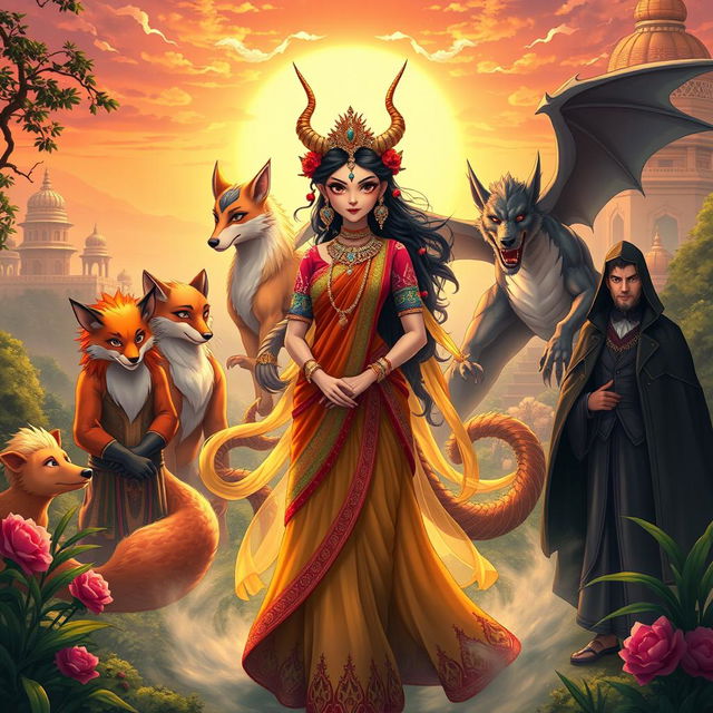 An enchanting anime-style scene depicting a Demon Princess surrounded by her five husbands, each representing a unique mythical creature