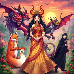 An enchanting anime-style scene depicting a Demon Princess surrounded by her five husbands, each representing a unique mythical creature