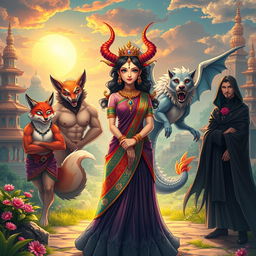 An enchanting anime-style scene depicting a Demon Princess surrounded by her five husbands, each representing a unique mythical creature
