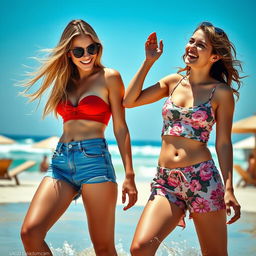 A scene featuring two beautiful girls in stylish, sexy shorts enjoying a sunny day at the beach