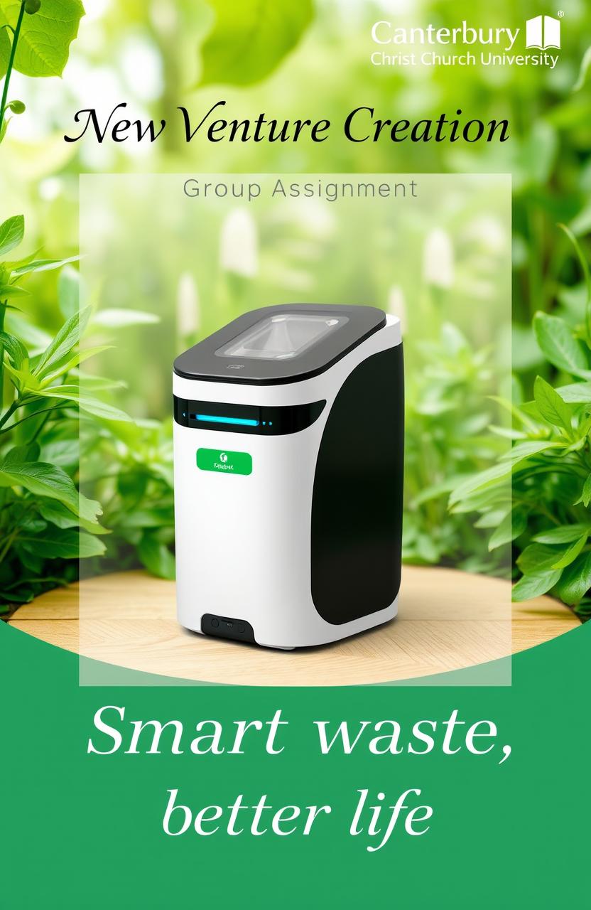 An artistic and modern product advertisement featuring the Eco Robot Smart Food Waste Recycle Bin