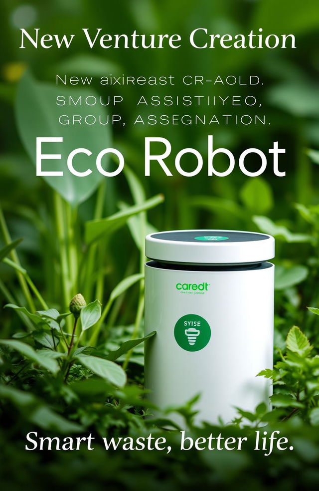 An artistic and modern product advertisement featuring the Eco Robot Smart Food Waste Recycle Bin