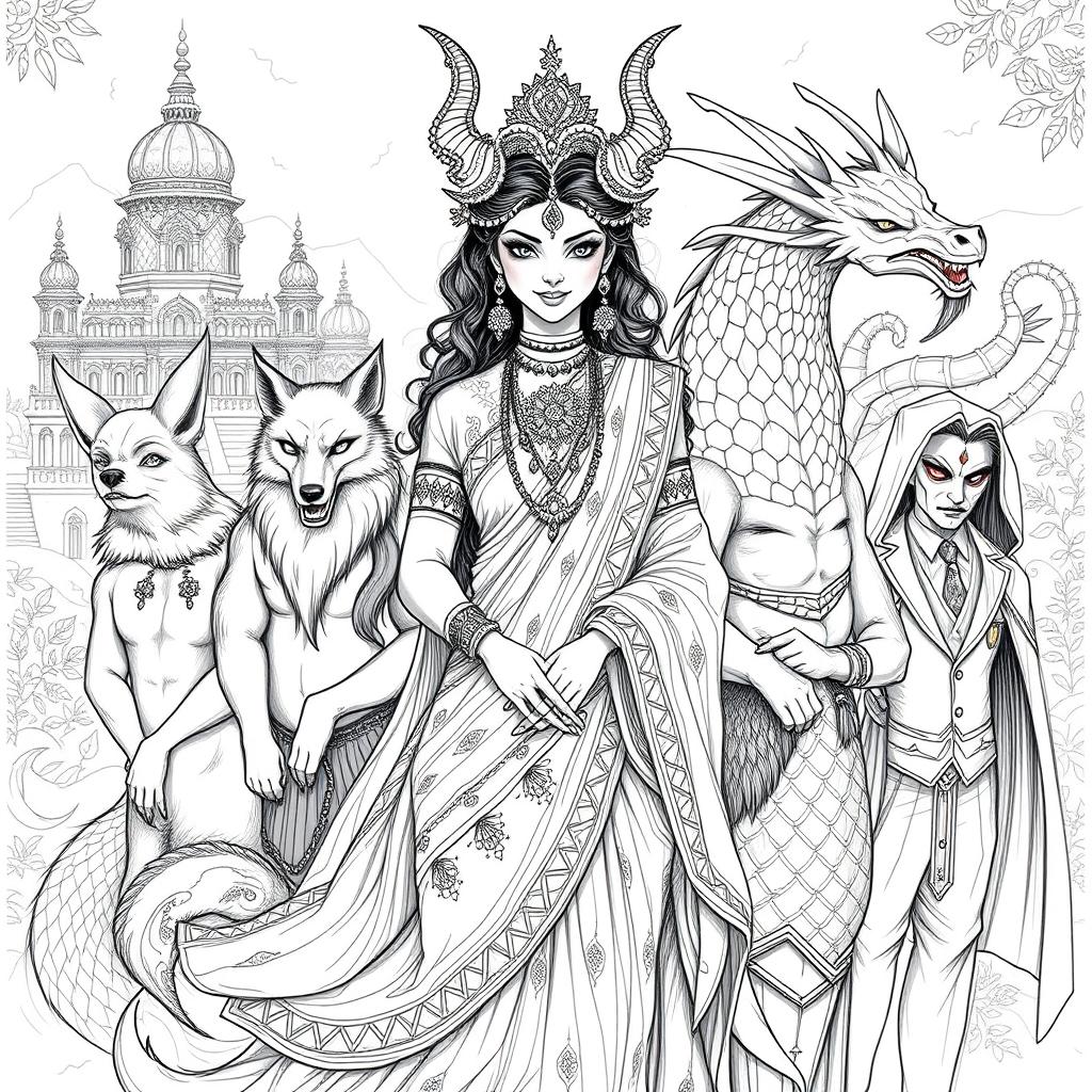 A beautifully detailed sketch of a Demon Princess surrounded by her five husbands, each representing a unique mythical creature