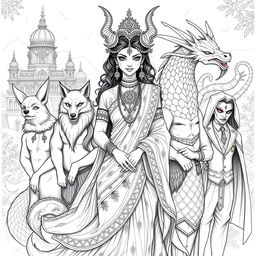 A beautifully detailed sketch of a Demon Princess surrounded by her five husbands, each representing a unique mythical creature