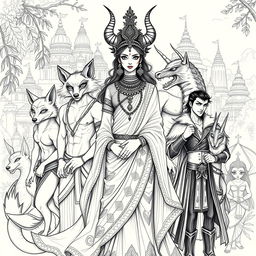 A beautifully detailed sketch of a Demon Princess surrounded by her five husbands, each representing a unique mythical creature