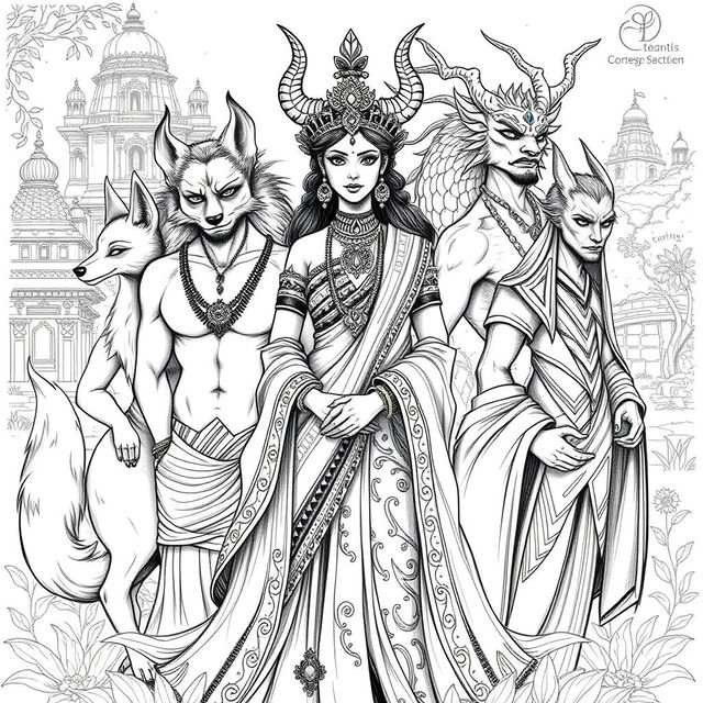 A beautifully detailed sketch of a Demon Princess surrounded by her five husbands, each representing a unique mythical creature