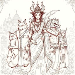 A beautifully detailed sketch of a Demon Princess surrounded by her five husbands, each representing a unique mythical creature