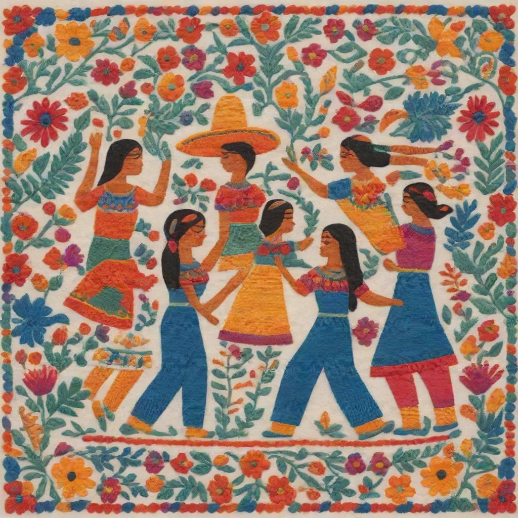 An illustration in the style of traditional Mexican embroidery, featuring figures of people collaboratively working on a hand-crafted item.