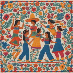 An illustration in the style of traditional Mexican embroidery, featuring figures of people collaboratively working on a hand-crafted item.