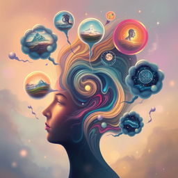 A surreal and dreamlike representation of thoughts manifesting visually, with swirling colors and abstract shapes