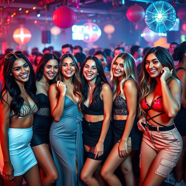 A group of stunning sexy girls in a vibrant party setting, wearing fashionable and enticing outfits