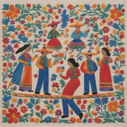 An illustration in the style of traditional Mexican embroidery, featuring figures of people collaboratively working on a hand-crafted item.