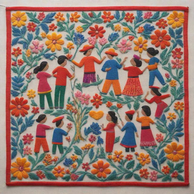 An illustration in the style of traditional Mexican embroidery, featuring figures of people collaboratively working on a hand-crafted item.