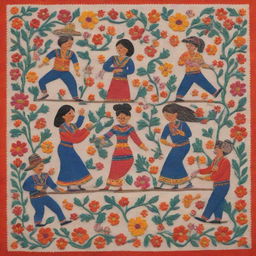 An illustration in the style of traditional Mexican embroidery, featuring figures of people collaboratively working on a hand-crafted item.