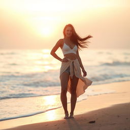 A serene scene of a beautiful, confident woman standing on a sandy beach at sunrise, the soft light highlighting her captivating silhouette