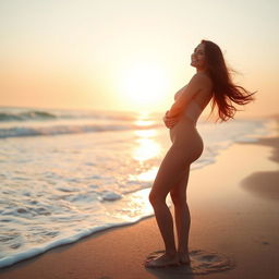 A serene scene of a beautiful, confident woman standing on a sandy beach at sunrise, the soft light highlighting her captivating silhouette