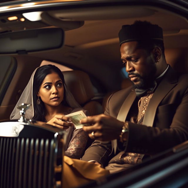 A dramatic scene inside a luxurious Rolls Royce car, featuring a scared Indian woman with fearful eyes handing over cash to an African male elegantly dressed in traditional attire