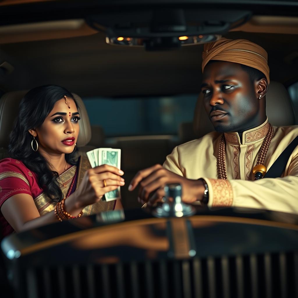 A dramatic scene inside a luxurious Rolls Royce car, featuring a scared Indian woman with fearful eyes handing over cash to an African male elegantly dressed in traditional attire