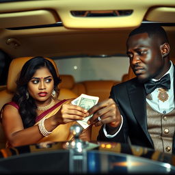 A dramatic scene inside a luxurious Rolls Royce car, featuring a scared Indian woman with fearful eyes handing over cash to an African male elegantly dressed in traditional attire
