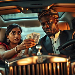 A dramatic scene inside a luxurious Rolls Royce car, featuring a scared Indian woman with fearful eyes handing over cash to an African male elegantly dressed in traditional attire
