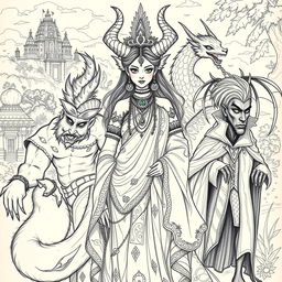 A beautifully detailed sketch of a Demon Princess surrounded by her five husbands, each representing a unique mythical creature
