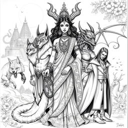 A beautifully detailed sketch of a Demon Princess surrounded by her five husbands, each representing a unique mythical creature