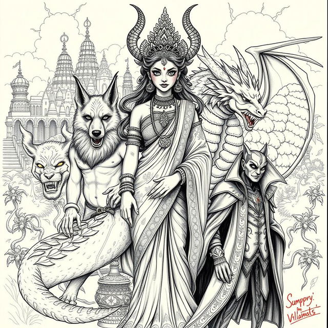 A beautifully detailed sketch of a Demon Princess surrounded by her five husbands, each representing a unique mythical creature