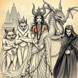 A beautifully detailed sketch of a Demon Princess surrounded by her five husbands, each representing a unique mythical creature