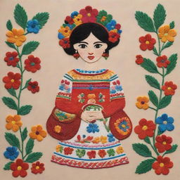 Modify the original illustration to show a single figure, maintaining the traditional Mexican embroidery style, with the individual diligently crafting a handbag.