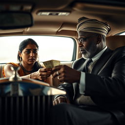 A tense scene inside a luxurious Rolls Royce car, featuring a scared Indian woman with a dusky complexion, her worried expression clearly visible as she hands over cash to an older African male dressed in elegant traditional attire