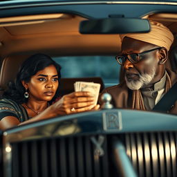 A tense scene inside a luxurious Rolls Royce car, featuring a scared Indian woman with a dusky complexion, her worried expression clearly visible as she hands over cash to an older African male dressed in elegant traditional attire