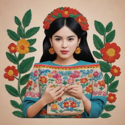 Modify the original illustration to show a single figure, maintaining the traditional Mexican embroidery style, with the individual diligently crafting a handbag.