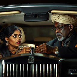 A tense scene inside a luxurious Rolls Royce car, featuring a scared Indian woman with a dusky complexion, her worried expression clearly visible as she hands over cash to an older African male dressed in elegant traditional attire