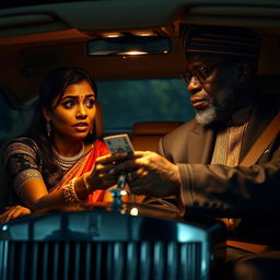 A tense scene inside a luxurious Rolls Royce car, featuring a scared Indian woman with a dusky complexion, her worried expression clearly visible as she hands over cash to an older African male dressed in elegant traditional attire