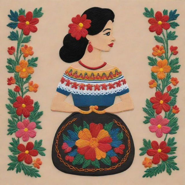 Modify the original illustration to show a single figure, maintaining the traditional Mexican embroidery style, with the individual diligently crafting a handbag.