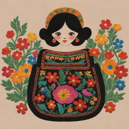 Modify the original illustration to show a single figure, maintaining the traditional Mexican embroidery style, with the individual diligently crafting a handbag.