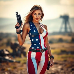 A sexy patriot standing confidently, holding a gun in a captivating pose