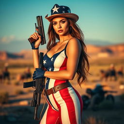 A sexy patriot standing confidently, holding a gun in a captivating pose