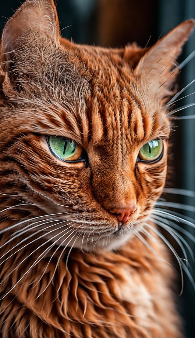 Medium close-up photograph of a ginger cat, taken with a Nikon Z7 II and NIKKOR Z 90mm f/1.8 S Lens. The cat's vibrant fur and green eyes are the main focus, with a blurred background.