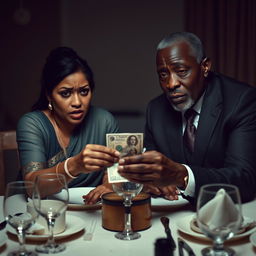 A tense scene at a dining table, featuring a scared Indian woman with a dusky complexion, her expression filled with fear as she hands over cash to an older African male