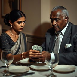 A tense scene at a dining table, featuring a scared Indian woman with a dusky complexion, her expression filled with fear as she hands over cash to an older African male